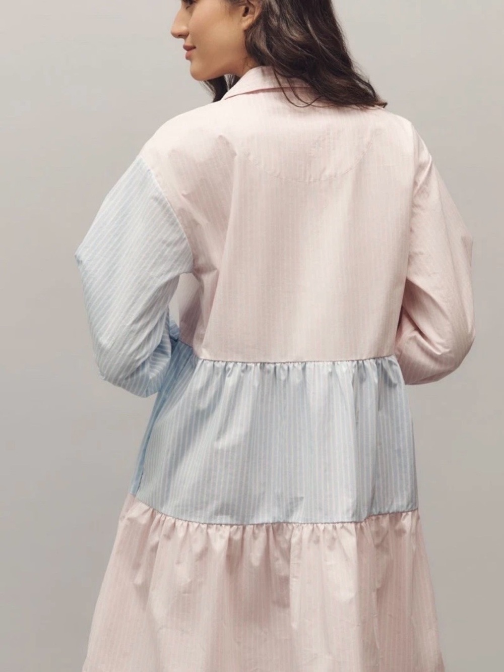 Anthropologie Pink & Light Blue Tiered Button-Front Tunic - Picture 4 of 9